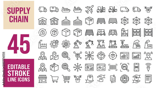 Supply chain icon set. Editable line icons. Vector illustration.	
