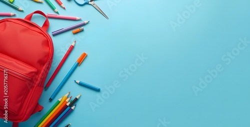 Red backpack with colorful school supplies on blue background copy space area