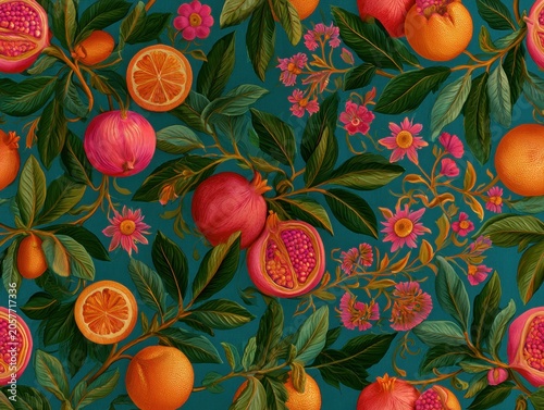 Vibrant Fruit and Flower Pattern on Teal Background for Home Decor