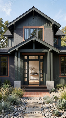 Modern craftsman residential house facade featuring dark green cladding and sustainable xeriscape garden with river rock stone path