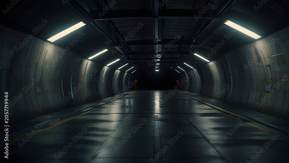 Fototapeta premium Long, dark, empty underground concrete tunnel illuminated by glowing fluorescent lights with reflective wet floor