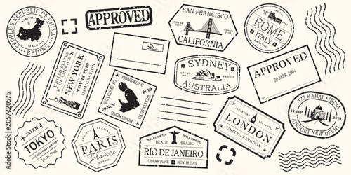 Tableau sur toile Vector of travel stamps from global cities like Tokyo, Paris, and Sydney