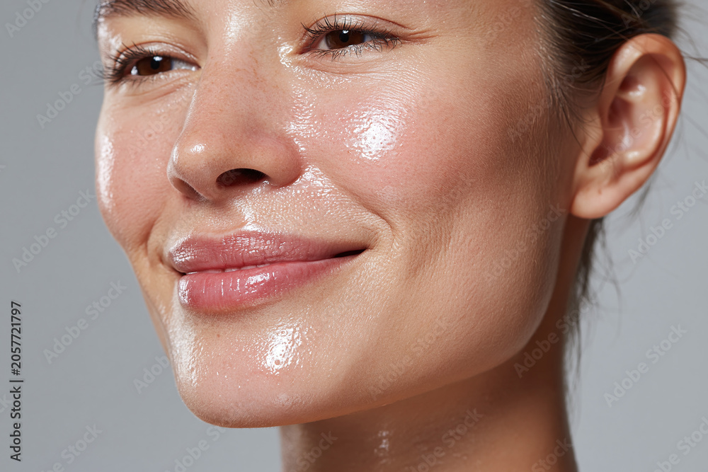 Fototapeta premium Glowing skin hydrated skin dewy skin close up female face skincare routine natural complexion moisture radiant cheek smooth texture