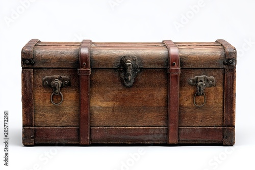An antique wooden treasure chest, bound with leather straps and adorned with ornate metal clasps, stands as a symbol of adventure and mystery, hinting at hidden riches within its weathered facade.