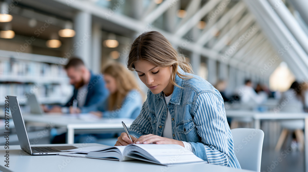 Fototapeta premium Anonymous students studying at desks in a modern library interior, contemporary academic facility and campus life concept, faceless, defocused, with copy space
