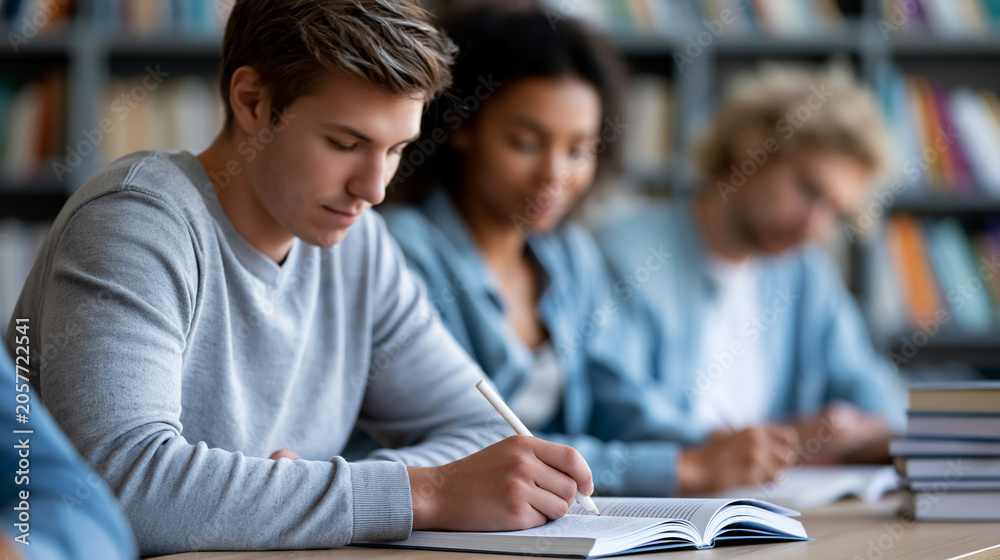 Obraz premium Anonymous diverse group of students studying together in a library, collaborative learning and academic project concept, faceless, defocused bookshelf background, with copy space