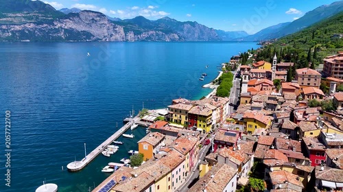 Aerial view of Brenzone sul Garda on the shore of Lake Garda in the Province of Verona, region Veneto, Italy.