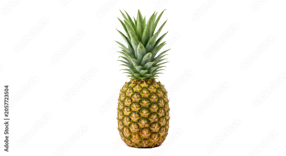 Fototapeta premium A whole fresh pineapple with spiky green leaves against a clean white background