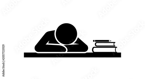 A simple black and white icon of a student sleeping on a desk with books.