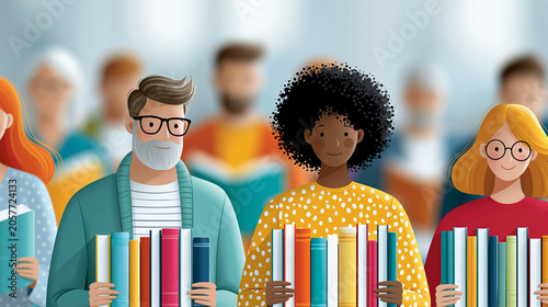 Diverse group of people holding various books in a creative illustration, reading culture and education concept, defocused background, with copy space