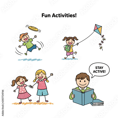 Colorful cartoon children enjoying outdoor and indoor activities.