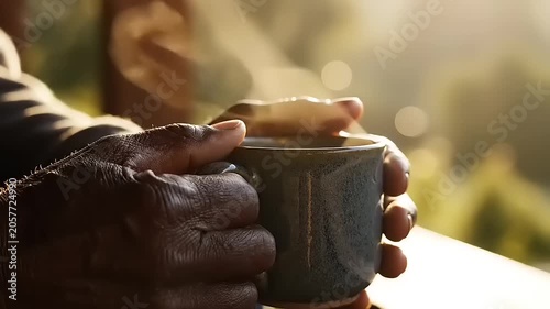 Hands holding steaming hot beverage cup.