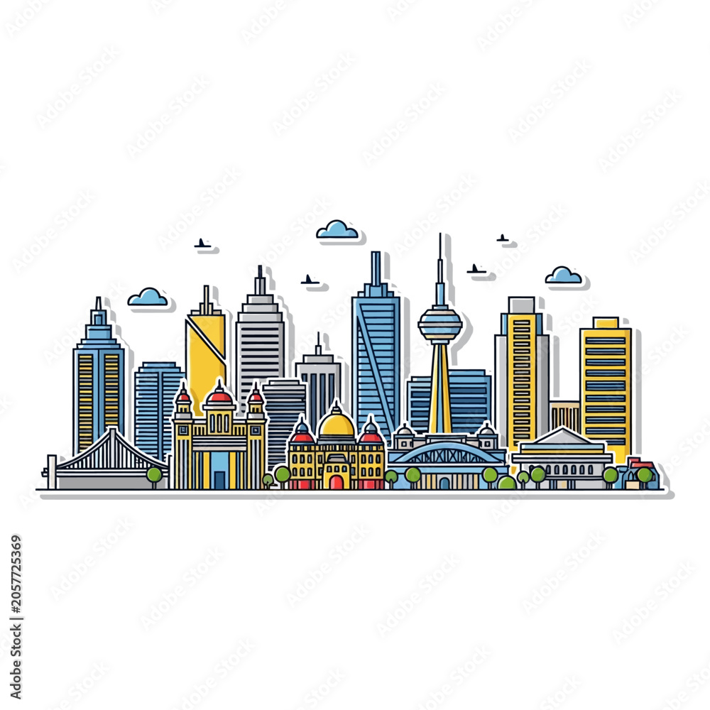 Obraz premium Colorful city skyline illustration with modern buildings.