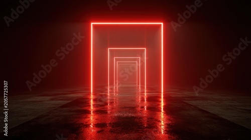 Abstract red neon light tunnel on dark background for futuristic concept
