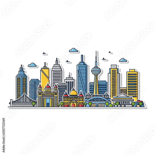 Colorful city skyline illustration with modern buildings.