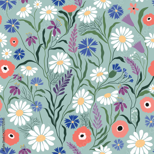 Seamless pattern with delicate wildflowers inspired by a blooming meadow. Perfect for summer textiles, wallpapers, wrapping paper, stationery, and nature-themed design projects.