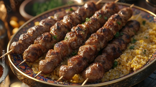 Grilled Meat Kebabs on Couscous Plate.