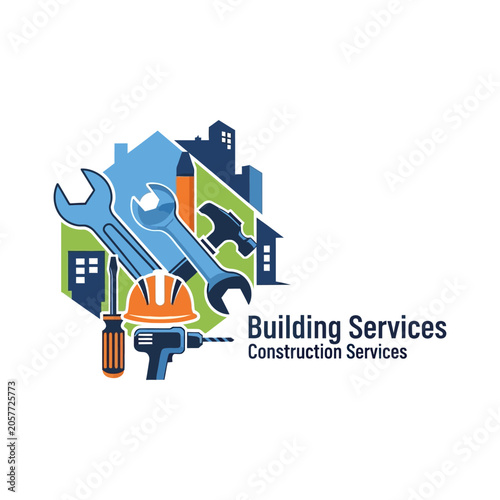 Colorful Construction Tools and Building Services Logo Design.