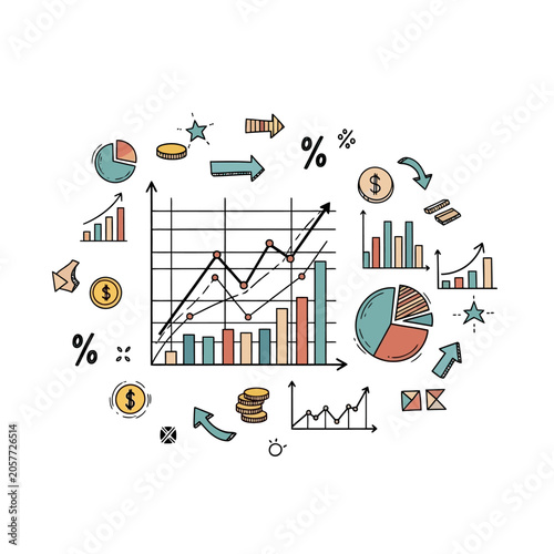 Colorful financial and business data visualization icons.