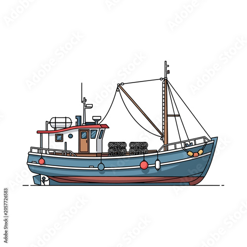 Colorful fishing boat with nets and equipment on deck.