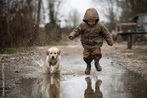 A child in a hooded jacket and boots jumps through a puddle with a golden retriever puppy, both splashing water in an outdoor, rainy day scene.