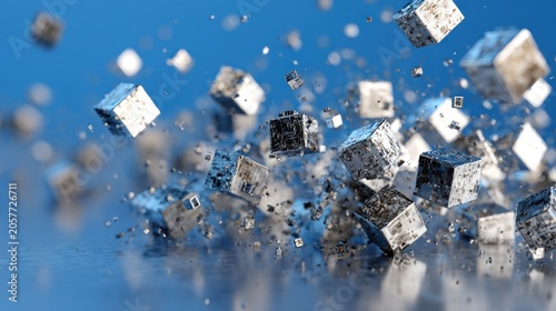 Abstract composition of silver cubes floating against a blue background