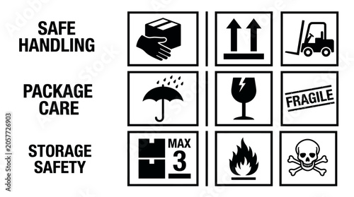 Industrial shipping label symbols featuring safe handling instructions, package care icon