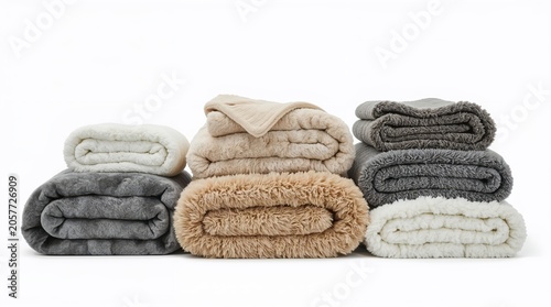 Collection of dog blankets and soft throws folded neatly, made of fleece, cotton, and plush materials, displayed on white background. Generative AI