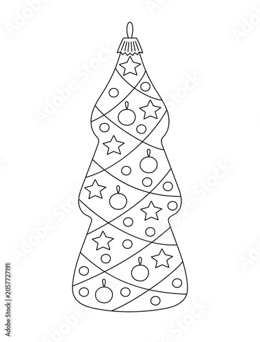 Festive bauble in form of  Christmas tree decor doodle outline hand drawn simple vector illustration for winter holidays seasonal greeting card, invitation, sticker, line art clipart