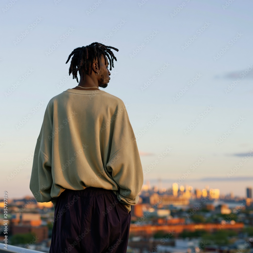 Fototapeta premium Young man standing on an urban rooftop at golden hour overlooking a city skyline for background and banner design