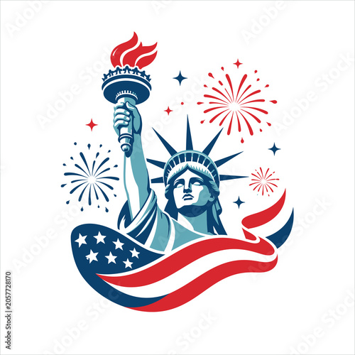 Statue of Liberty with Fireworks and American Flag Illustration Featuring Patriotic, Torch, Stars with Stripes and Independence Day Elements for July