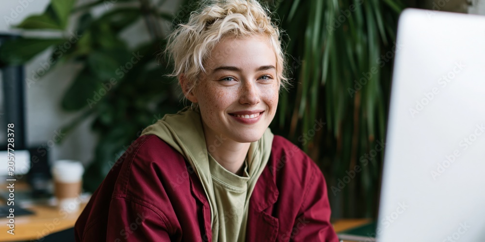 Fototapeta premium Friendly young person in burgundy jacket and green hoodie smiling at computer in plant filled workspace for remote work portrait and creative office profile design