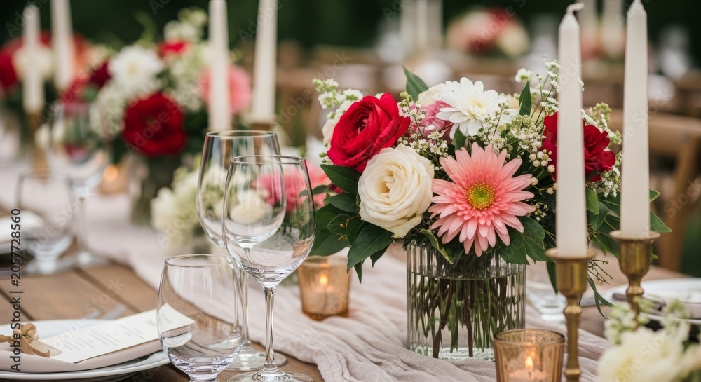 Obraz premium Elegant wedding reception table setting with floral centerpiece and glassware