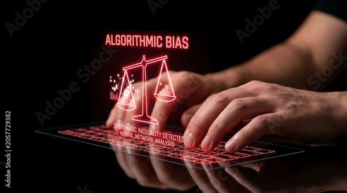 Algorithmic Bias Concept with Hands Typing on Digital Keyboard.