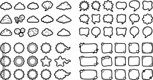 Tableau sur toile Black fluffy cloud label shapes set, squishy speech bubbles, wavy sticker badges, and cute promo text boxes,60 simple vector illustrations