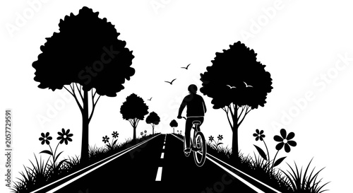 Cycling, road, trees, flowers, black silhouette, vector illustration isolated on White Background