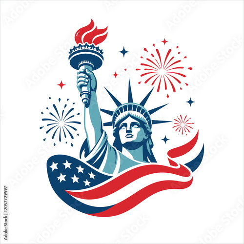 Statue of Liberty Fireworks Graphic with American Flag Waves, Red White Blue Stars and Spark Bursts Featuring United States Symbol, Patriotic