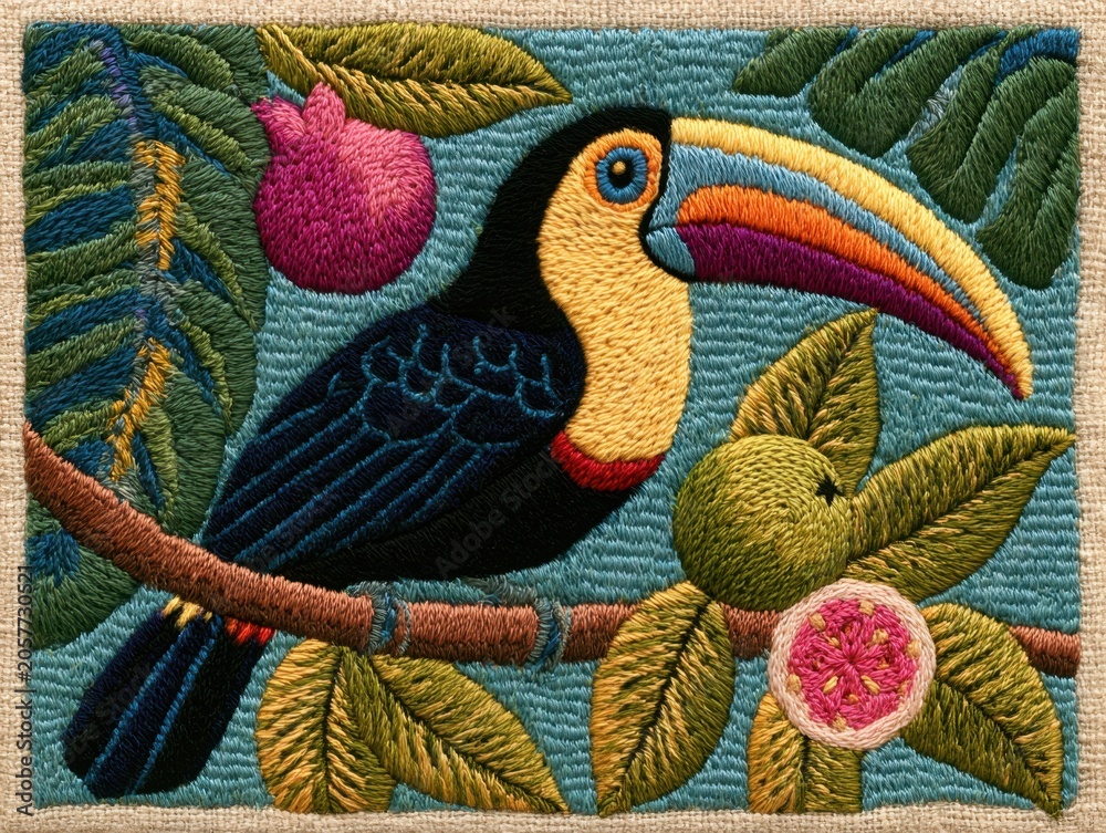 Fototapeta premium Colorful Toucan Perch on Branch with Tropical Fruit Embroidery Art