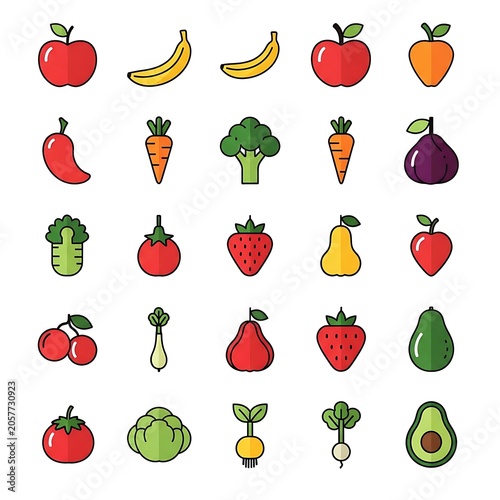 Colorful cartoon fruits and vegetables illustration.