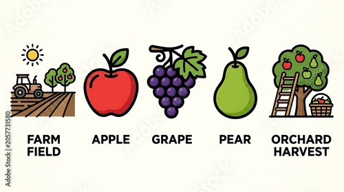 Colorful illustration of farm field and orchard harvest.