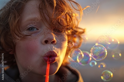 A young child with fiery red hair and a scattering of freckles blows a stream of iridescent bubbles into the golden light of sunset.