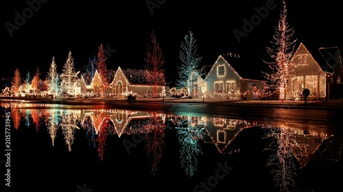 Nighttime cityscape with illuminated buildings reflected in calm water