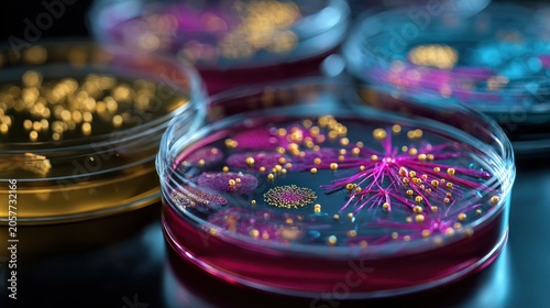 Laboratory petri dishes with biological samples illuminated by various lights