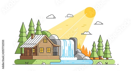 Cozy countryside house with yellow sun and blue sky.