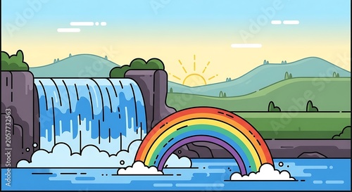 Colorful rainbow bridge over mountain landscape at sunset.