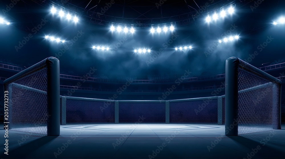 Fototapeta premium Empty mma octagon cage arena with bright spotlights