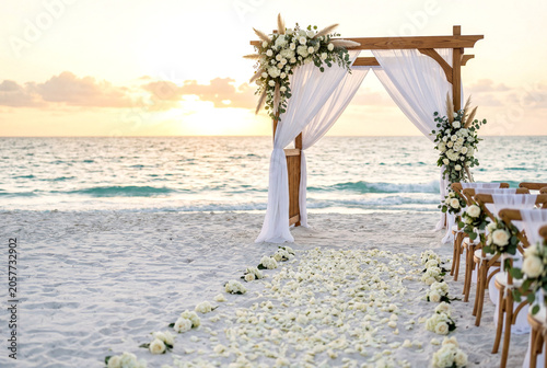 Romantic Summer Beach Wedding Aisle with Flower Petals