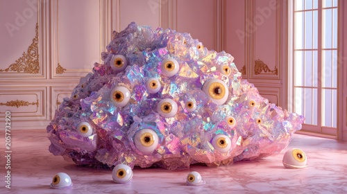 Abstract eye covered structure in pastel colors with soft textures and surreal composition