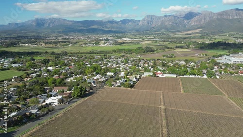 Town of Paarl, surrounded by vineyards and Drakenstein mountains