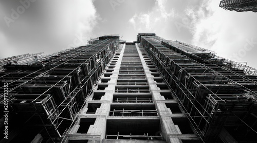 Abstract monochrome view of tall building structure reaching skyward
